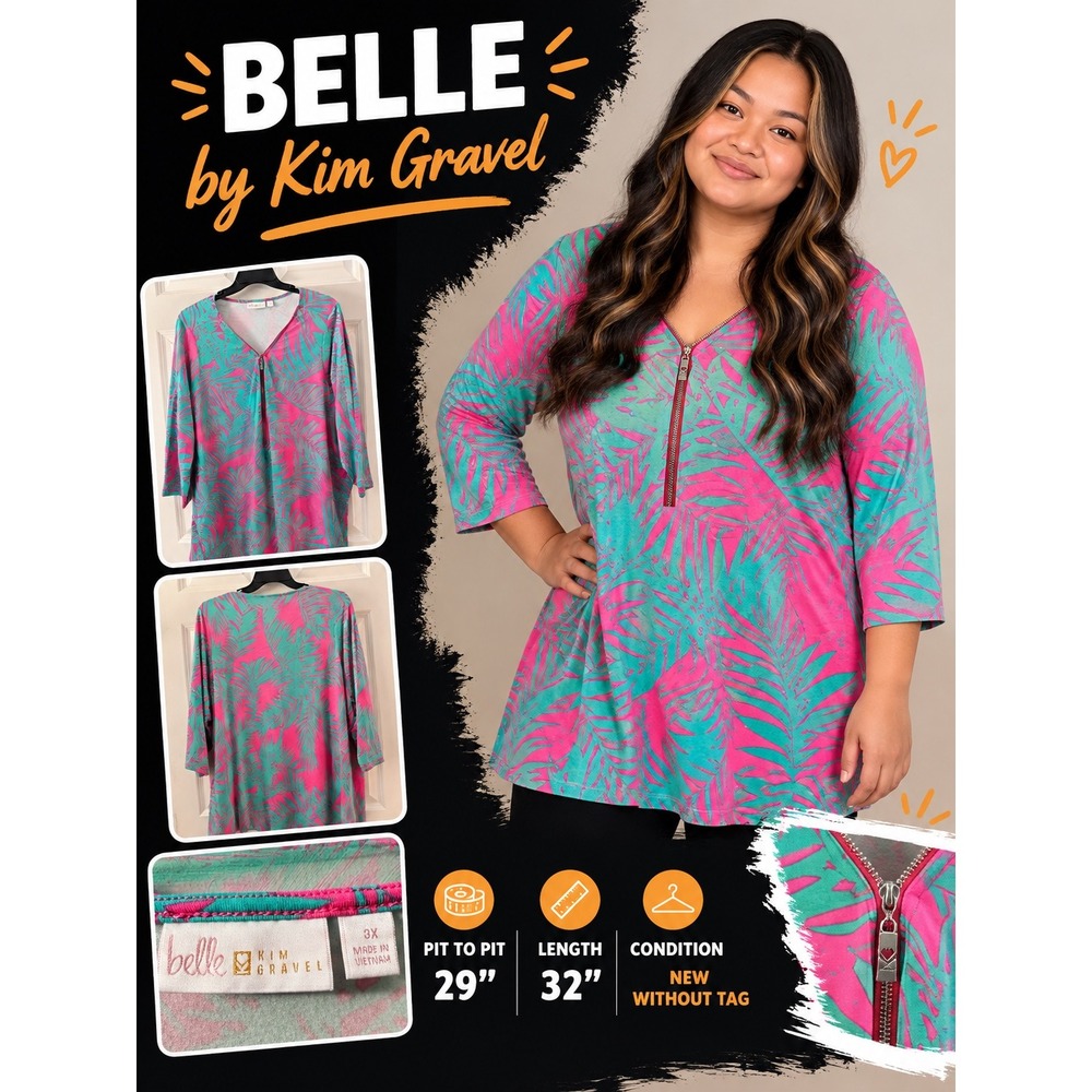 Belle by Kim Gravel Pink Green Tropical Palm Half Zip Tunic Top 3X A375863